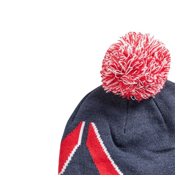 NWT Reebok 2-Piece Logo Set Knit Fringe Scarf and Pom Pom Beanie Navy Red White - Picture 2 of 4